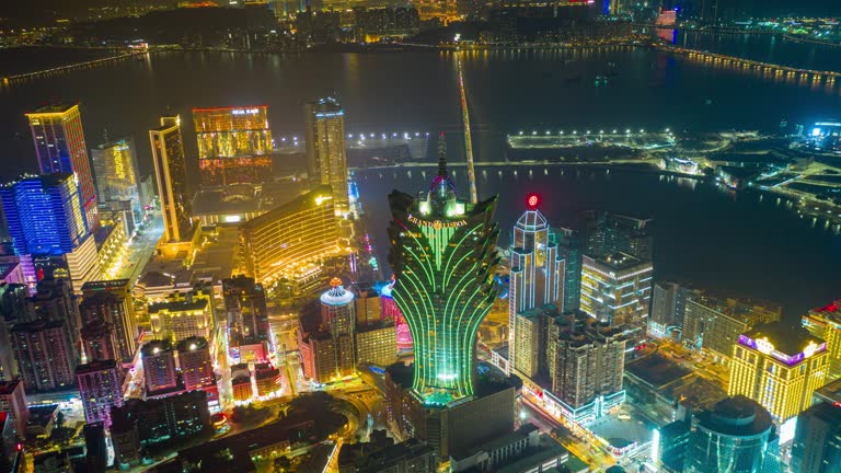 Hyperlapse or Dronelapse Aerial view of Macau Cityscape and Skyscraper in Macau city near Hong kong Island, China at night