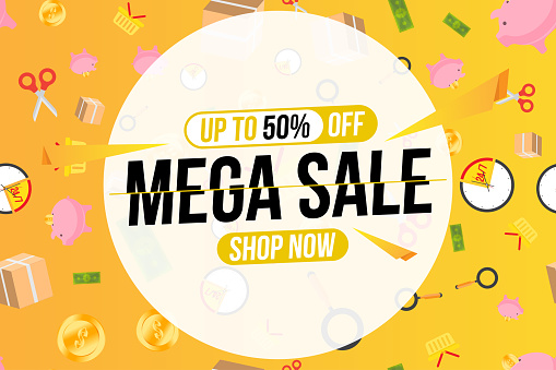 Mega Sale banner template design. Special offer 50% and pattern with shopping icons. Flat Vector Illustration EPS10