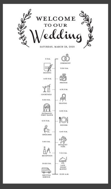 свадебный маршрут события сроки плакат со свадебными иконами - arrival departure board illustrations stock illustrations