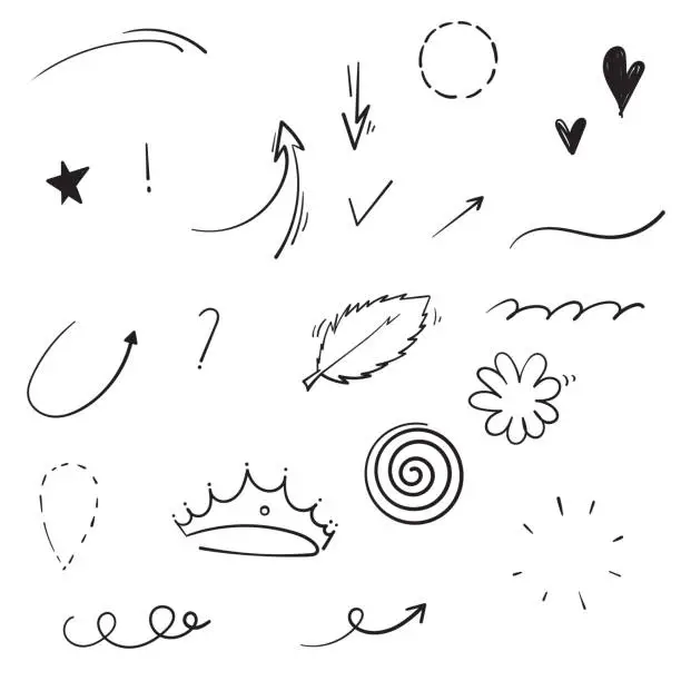 Vector illustration of hand drawn collection of Swishes, swoops, emphasis doodles. Highlight text elements, calligraphy swirl, tail, flower, heart, graffiti crown. isolated background