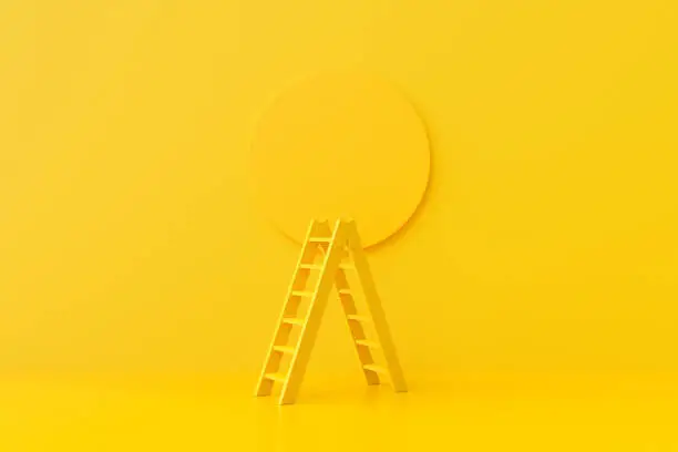 Yellow Ladder on the background with a circle stuck on the wall for background. Minimal idea concept, 3D render.