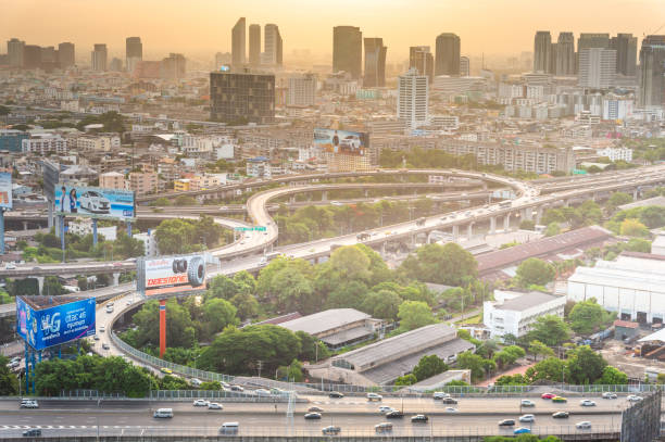 istock Panoramic view Cityscape business district from aerial view high building at dusk (siam silom central Bangkok, Thailand) 1199353376