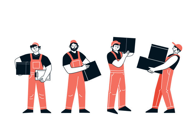 The characters are couriers. Men deliverers of goods, hold, carry boxes, cargo, postal packages. The profession of delivery. The characters are couriers. Men deliverers of goods, hold, carry boxes, cargo, postal packages. The profession of delivery. Vector illustration mail clerk stock illustrations