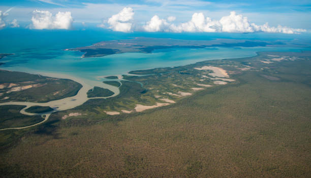 aerial view and the landscape at the edge of northern coast of australia called arafura sea in northern territory state of australia. - arafura sea imagens e fotografias de stock