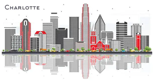 Vector illustration of Charlotte NC City Skyline with Gray Buildings and Reflections Isolated on White.