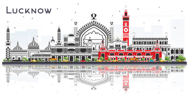 ilustrações de stock, clip art, desenhos animados e ícones de lucknow india city skyline with gray buildings and reflections isolated on white. - lucknow