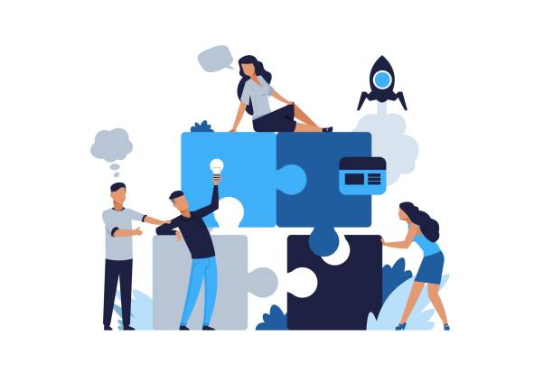 Business puzzle concept. Teamwork and partnership flat puzzle with cartoon businessman. Vector people connected in collaboration Business puzzle concept. Teamwork and partnership flat puzzle with cartoon businessman. Vector illustrations people connected in collaboration for jigsaw solutions and development business travel agencies stock illustrations
