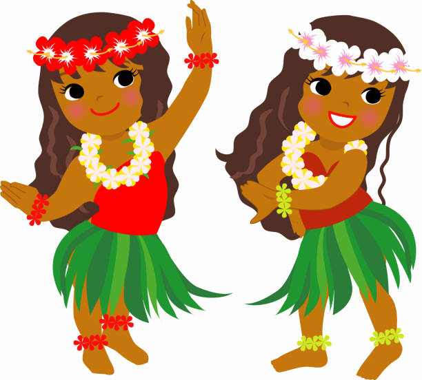 Young women dancing hula Young women dancing hula grass skirt stock illustrations