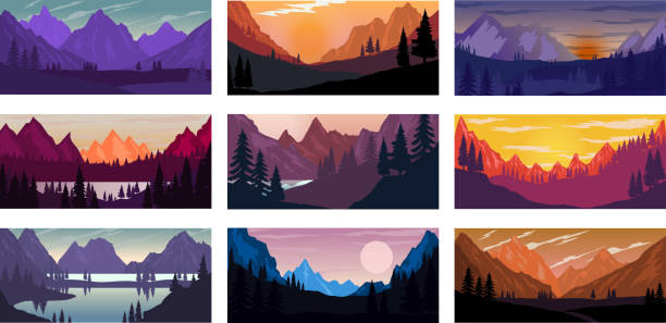 Set of poster template with wild mountains landscape. Design element for banner, flyer, card. Vector illustration Set of poster template with wild mountains landscape. Design element for banner, flyer, card. Vector illustration hiking backgrounds stock illustrations
