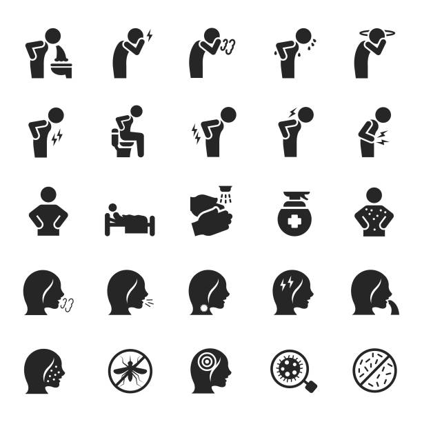 ilustraciones, imágenes clip art, dibujos animados e iconos de stock de conjunto vectorial de iconos enfermos - adultos y vómitos