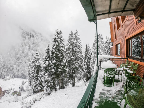 istock green table and chair at hotel terrace with snow fall on pine tree in Ayder 1199368364