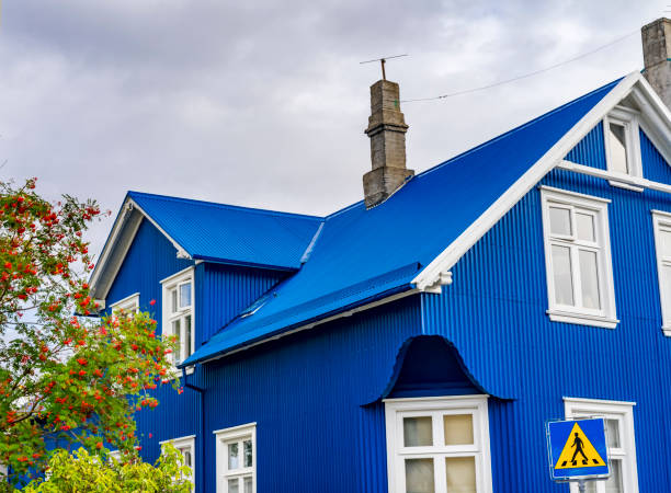 Colorful Blue House Red Berries Street Reykjavik Iceland Colorful Blue Corrugated Metal House Red Berries Reykjavik Iceland corrugated iron stock pictures, royalty-free photos & images