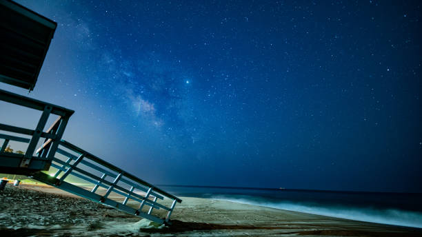 Lifeguard huts under the Milky Way at night in Malibu