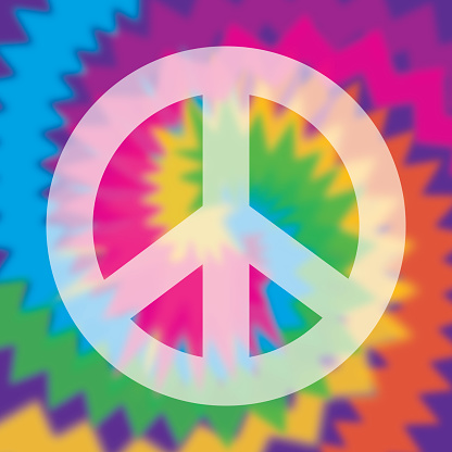 Vector illustration of a white transparent peace sogn on a square tie dye background.