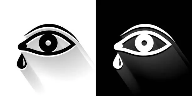 Vector illustration of Human Eye with Tear Black and White Icon with Long Shadow