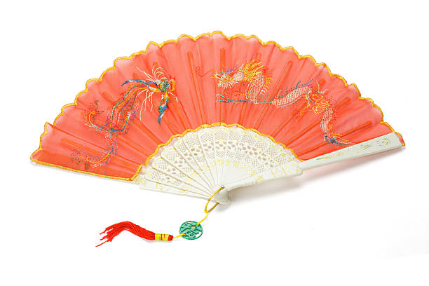 istock Red Chinese folding fan with dragon and peonix design 119937198