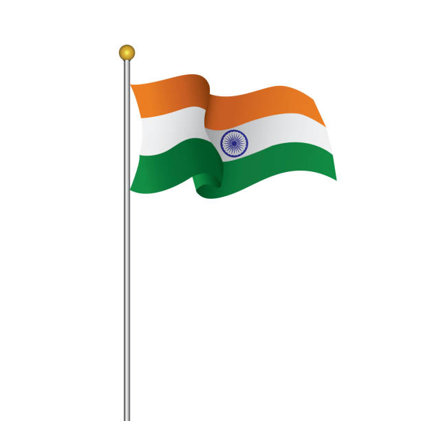 indien-flagge mit mast auf weißem hintergrund - indian flag india flag celebration stock-grafiken, -clipart, -cartoons und -symbole