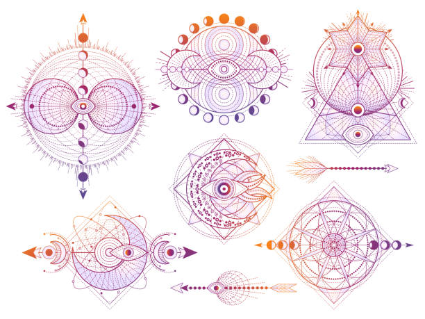 Vector set of Sacred geometry symbols with moon, sun, eye and arrows on white background. Abstract mystic signs collection. Vector set of Sacred geometry symbols with moon, sun, eye and arrows on white background. Abstract mystic signs collection. Colored linear shapes. For you design, tattoo or modern magic craft. hypnosis circle stock illustrations