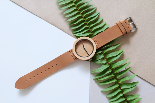 Classic brown natural wooden watch on white and brown color background. Green leafs and leather band watch on soft color background.