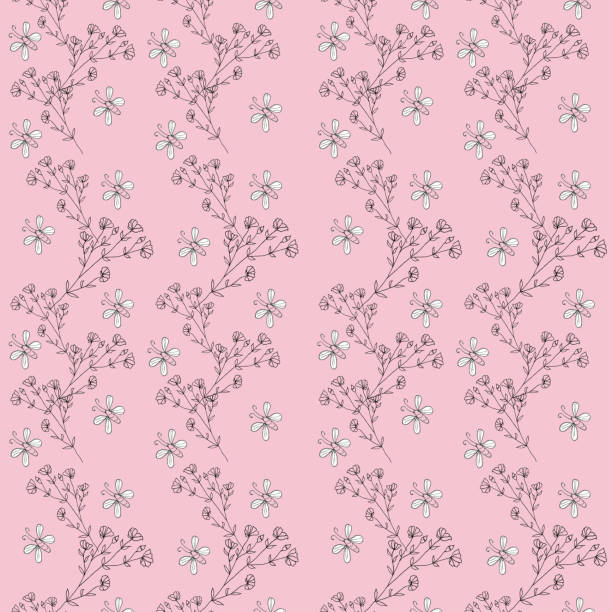 Pattern with natural motifs on a colored background Pattern on a colored background with blooming motifs simple butterfly outline pictures stock illustrations