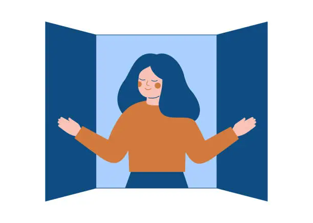 Vector illustration of Young woman opens the window shutters and breathes in the fresh air.