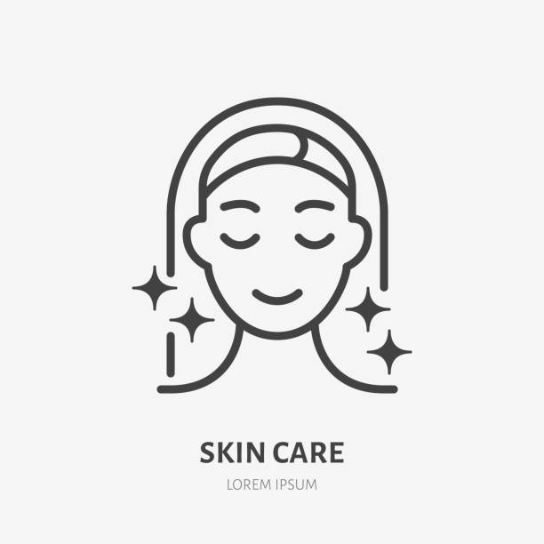 Aesthetic cosmetology line icon, vector pictogram of shiny skin, anti age skin care. Hapy woman illustration, sign for plastic surgery clinic Aesthetic cosmetology line icon, vector pictogram of shiny skin, anti age skin care. Hapy woman illustration, sign for plastic surgery clinic. facial mask woman stock illustrations