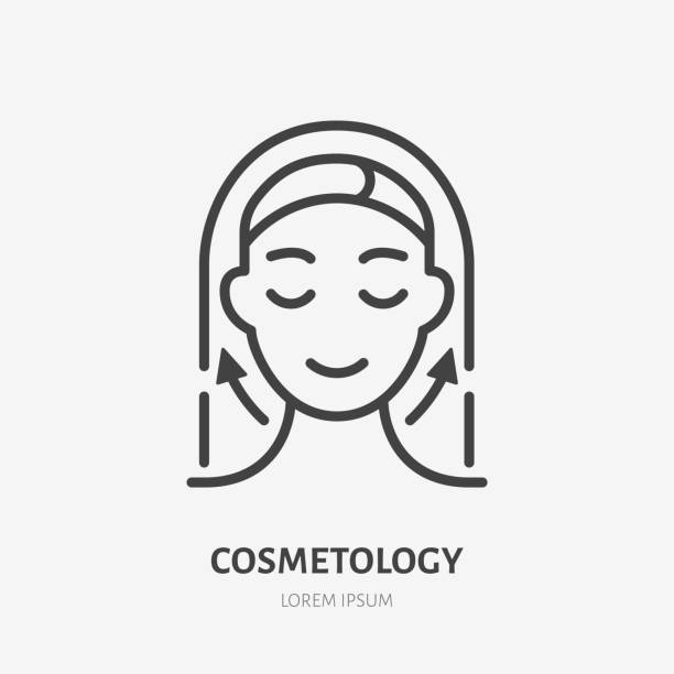 ilustrações, clipart, desenhos animados e ícones de ícone da linha de cosmetologia estética, pictograma vetor de facelift, massagem anti-idade. ilustração hapy da mulher, sinal para a clínica da cirurgia plástica - face lift illustrations