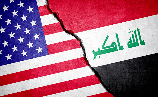 USA and Iraq conflict. USA and Iraq flags on broken wall. Illustration.