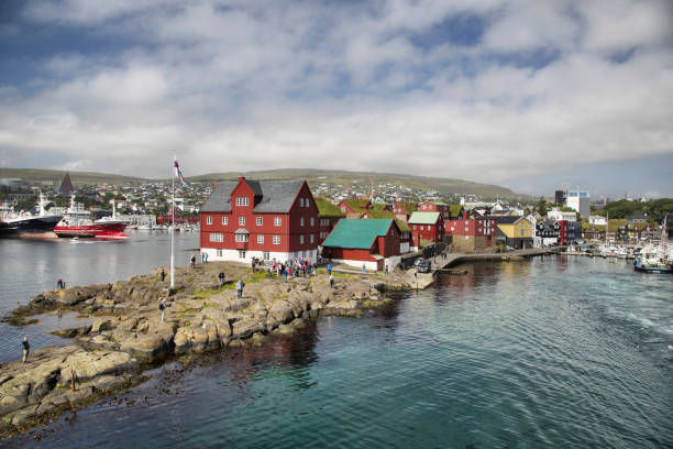 Historic red houses of the parliament Tinganes in Tórshavn stock photo