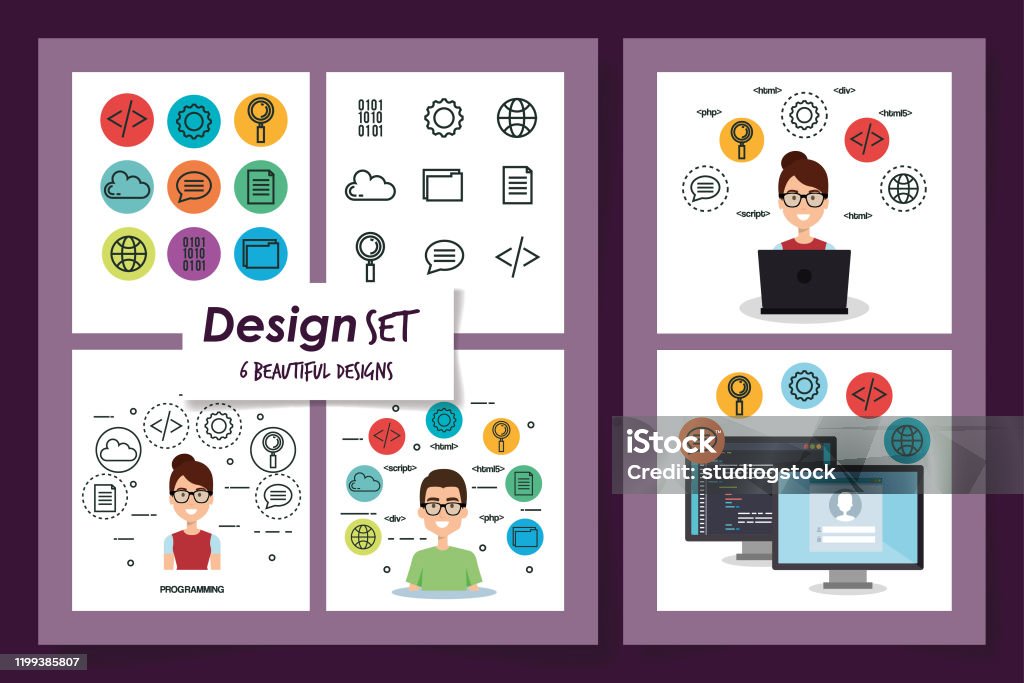 Six Designs Set Of Programming Computer With Young People Stock ...
