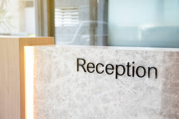 istock Office counter made from wood and stick with laminate marbled gray. 1199385987