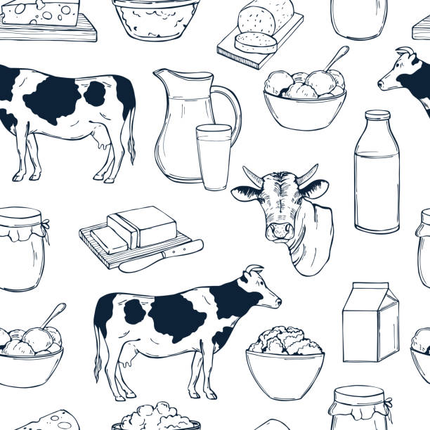 wektorowy bezszwowy wzór z pokarmem mlecznym - milk milk bottle bottle glass stock illustrations