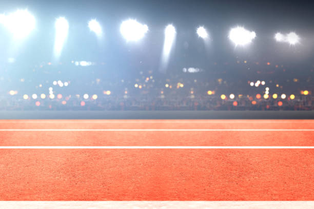 running track and tribune with blurred lights - sports track track and field stadium sport night imagens e fotografias de stock