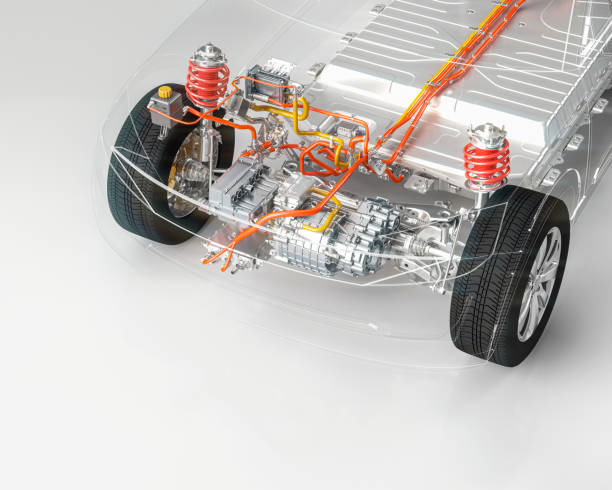 istock Modern electric car chassis front axle x-ray vehicle electric motor in studio environment line art 3d render 1199387979