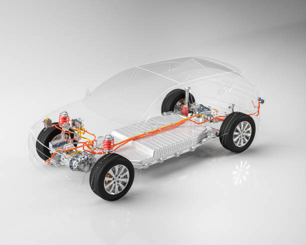 istock Modern electric car chassis x-ray vehicle battery in studio environment line art 3d render 1199388036