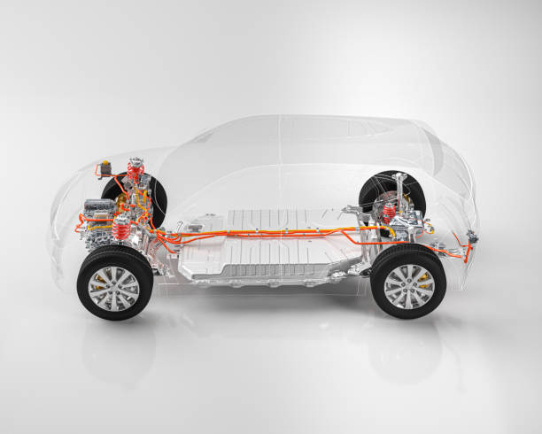istock Modern electric car chassis x-ray vehicle battery in studio environment line art 3d render 1199388062