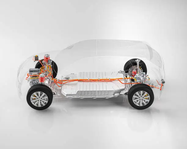 Modern electric car chassis x-ray vehicle battery in studio environment line art 3d render