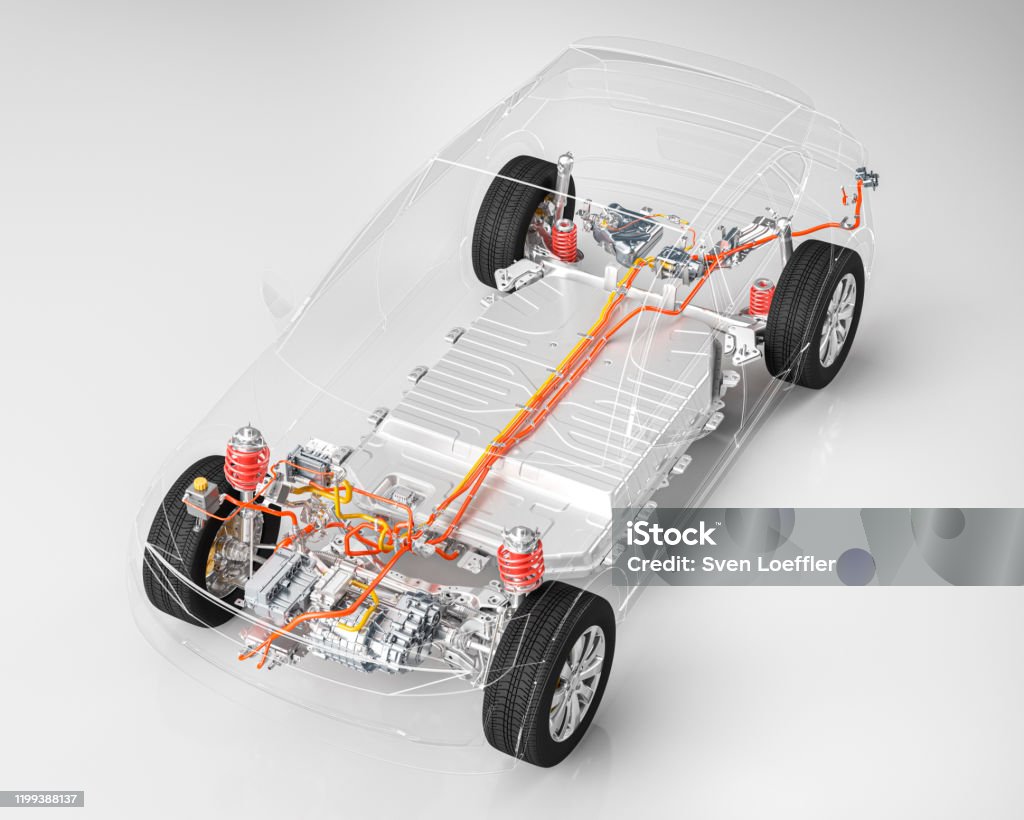 Moderno chasis de coche eléctrico batería de vehículo de rayos X en el entorno de estudio línea arte 3d render - Foto de stock de Coche eléctrico - Coche alternativo libre de derechos