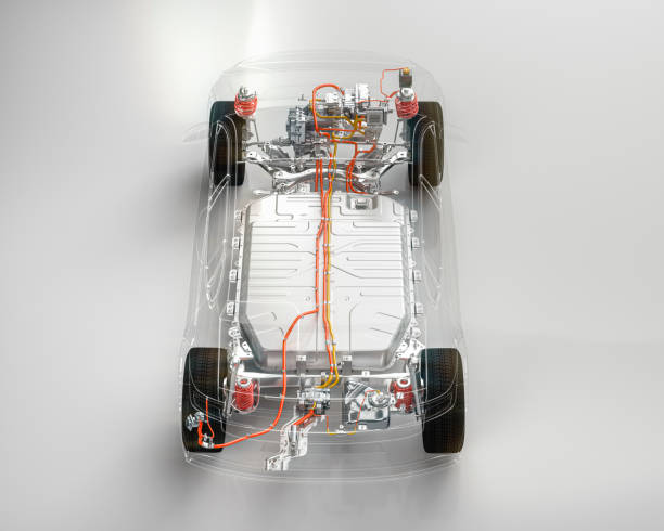 istock Modern electric car chassis x-ray vehicle battery in studio environment line art 3d render 1199388215