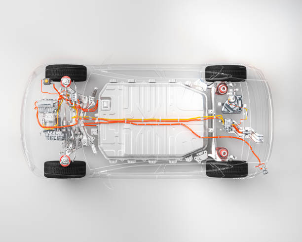 moderno chasis de coche eléctrico batería de vehículo de rayos x en el entorno de estudio línea arte 3d render - carrocería fotografías e imágenes de stock