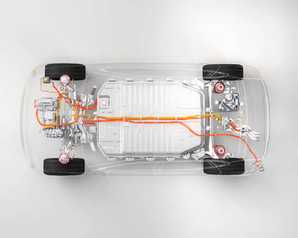 Modern electric car chassis x-ray vehicle battery in studio environment line art 3d render