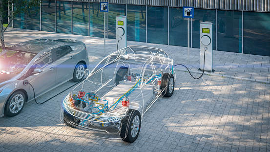 coche eléctrico genérico con batería visible de carga de rayos X en el cargador público en el estacionamiento de la ciudad 3d render photo