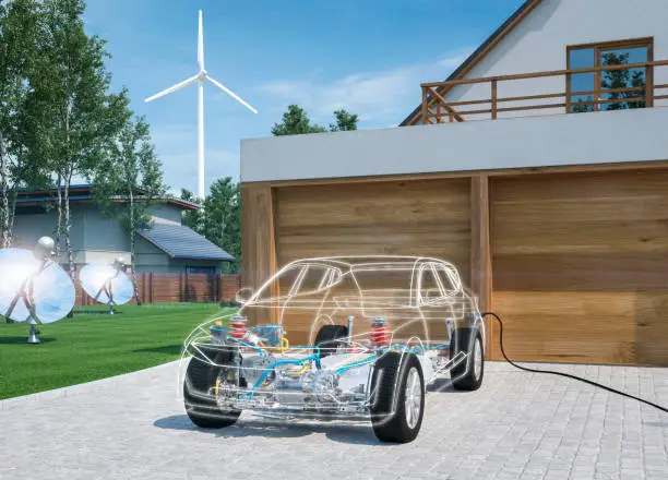 Photo of electric car chassis x-ray vehicle charging in front of garage with wind and solar power 3d render