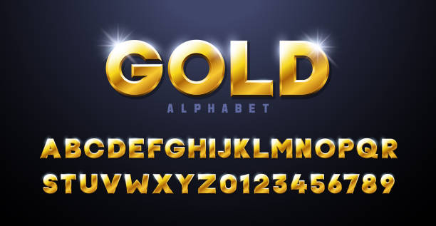 Gold Alphabet. Golden font 3d effect typography elements based on casinos, games, award and winning related subjects. Mettalic luxury and premium three dimensional typeface Vector eps10 gold metal symbols stock illustrations