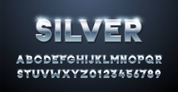 silber alphabet. metallische schrift 3d-effekt typografische elemente. mettalischer edelstahl dreidimensionaler schrifteffekt - chrom stock-grafiken, -clipart, -cartoons und -symbole