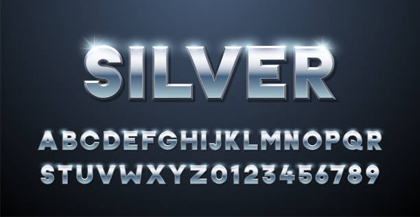 gümüş alfabe. metalik yazı tipi 3d efekti tipografik elemanları. mettalik paslanmaz çelik üç boyutlu yazı tipi etkisi - silver stock illustrations