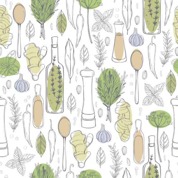 Hand drawn spices and herbs. Hand drawn spices and herbs. Vector  seamless pattern organic spice stock illustrations