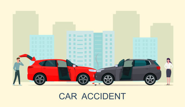 Car accident with drivers man and woman. Vector illustration. Car accident with drivers man and woman. Vector illustration. car crash accident cartoon stock illustrations