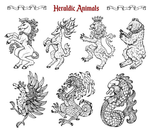 illustrazioni stock, clip art, cartoni animati e icone di tendenza di set di design con collezione di bestie araldiche e animali come unicorno, drago, leone isolato sul bianco. - pattern baroque style vector ancient