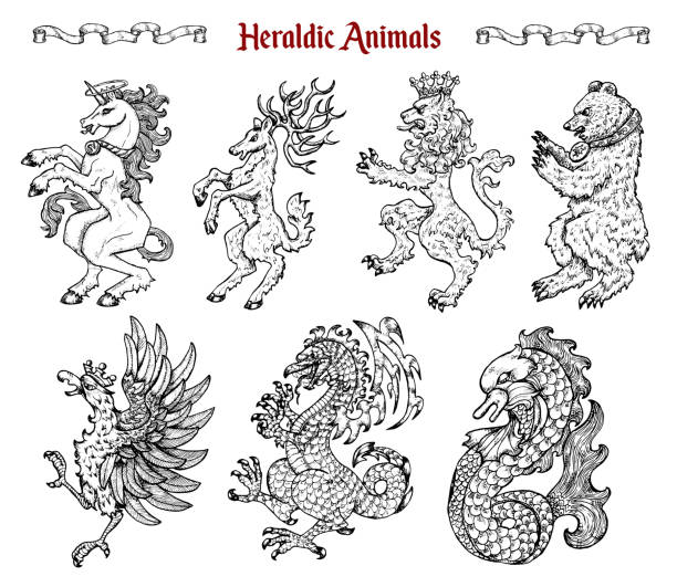 유니콘, 용, 흰색에 고립 된 사자와 같은 전령 짐승과 동물의 컬렉션으로 설정 된 디자인. - pattern baroque style vector ancient stock illustrations
